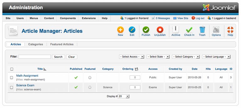 El gerente artículo en Joomla 1.6. screenshot