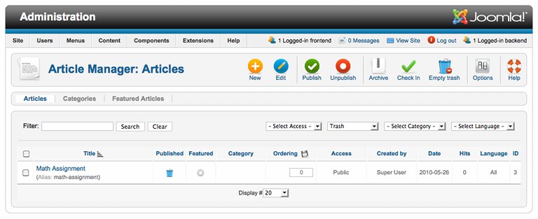 La basura sólo puede ser removido si el estado del filtro se establece en la papelera en Joomla 1.6. screenshot