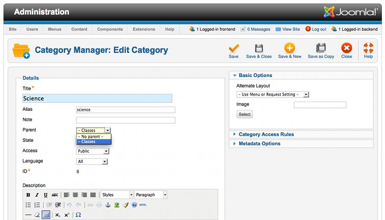 Crear una nueva categoría en Joomla 1.6 screenshot