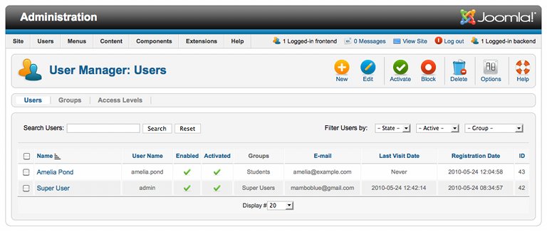 El nuevo usuario administrador de la lista en Joomla 1.6 screenshot